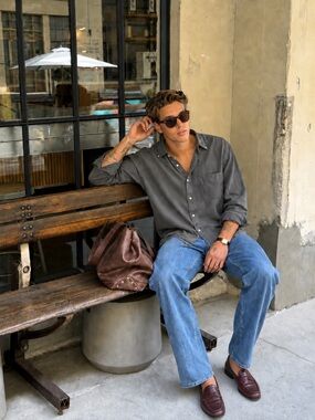 Men’s Flowy Button-Down collar Shirt in sage green 100% tencel